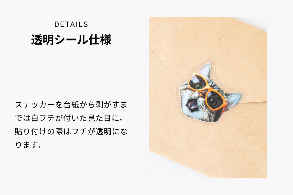 DETAILS 透明シール仕様 ステッカーを台座から剥がすまでは白フチが付いた見た目に。貼り付けの際はフチが透明になります。