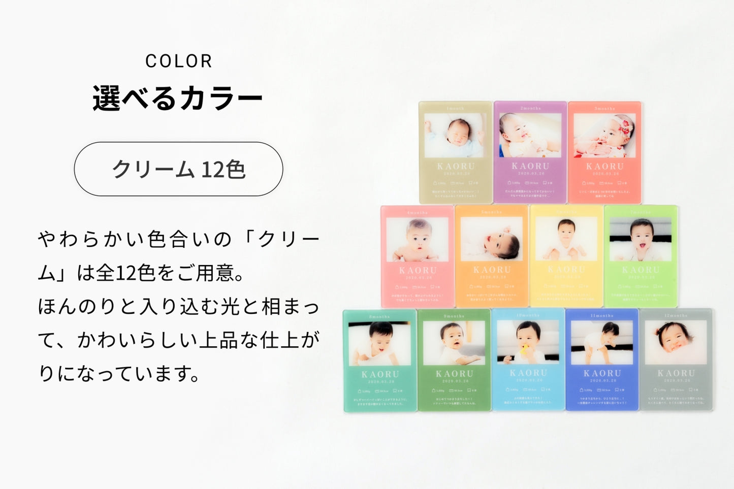 選べるカラー（クリーム 12色）やわらかい色合いの「クリーム」は全12色をご用意。ほんのりと入り込む光と相まって、可愛らしいかわいらしい上品な仕上がりになっています。