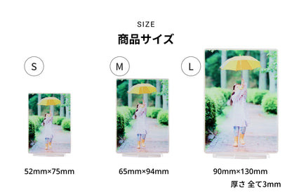 SIZE 商品サイズ Sサイズ 52mm×75mm／Mサイズ 65mm×94mm／Lサイズ 90mm×130mm／厚さ 全て3mm